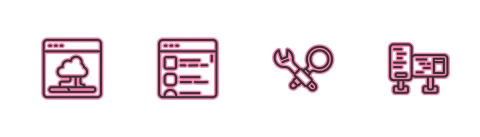 Set line Cloud technology data transfer, Debugging, Browser files and Computer Illustrazione stock