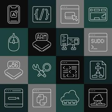 Set line Cloud technology data transfer, Flowchart, Code terminal, Browser files Illustrazione stock