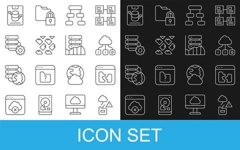 Set line Cloud technology data transfer, Broken file, Hierarchy organogram chart Illustrazione stock