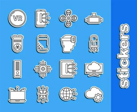 Set line Cloud technology data transfer and storage, Computer monitor screen Illustrazione stock