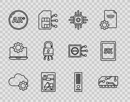 Set line Cloud technology data transfer and storage, Processor, 3D printer, Ar Stock Illustration