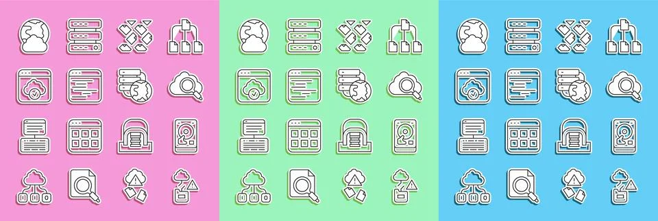 Set line Cloud technology data transfer, Hard disk drive HDD, Search cloud co Stockillustratie