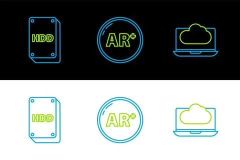 Set line Cloud technology data transfer and storage, Hard disk drive HDD and  Stock Illustration