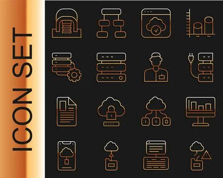 Set line Cloud technology data transfer, Monitor with graph chart, Server, Da Illustrazione stock