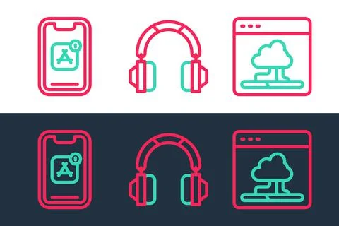 Set line Cloud technology data transfer, Mobile Apps and Headphones icon. Vector Stock Illustration