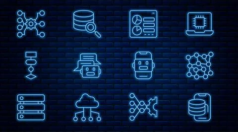 Set line Cloud technology data transfer, Neural network, Computer api interface 스톡 일러스트