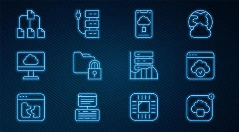 Set line Cloud technology data transfer, Folder and lock, tree, Server, Data Stock Illustration
