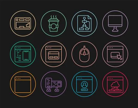 Set line Cloud technology data transfer, Browser files, Flowchart, Search engine Stock Illustration