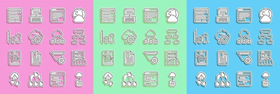 Set line Cloud technology data transfer, Server, Data, Web Hosting, Hierarchy Illustrazione stock