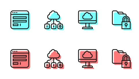 Set line Cloud technology data transfer, Browser window, and Folder and lock Stock Illustration