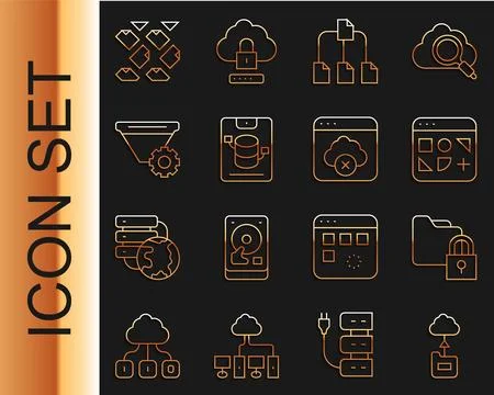 Set line Cloud technology data transfer, Folder and lock, Different files, tree Stock Illustration