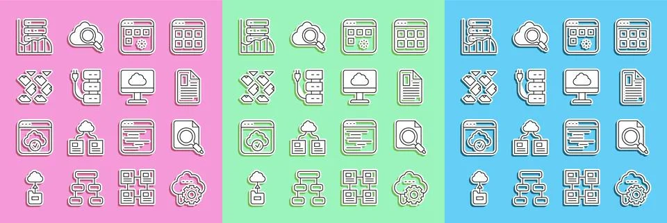 Set line Cloud technology data transfer, Search concept with folder, File Stock Illustration