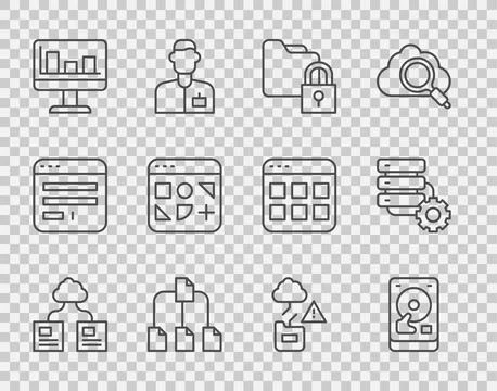 Set line Cloud technology data transfer, Hard disk drive HDD, Folder and lock Stock Illustration