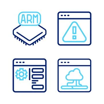 Set line Cloud technology data transfer, Browser setting, with exclamation mark Illustrazione stock