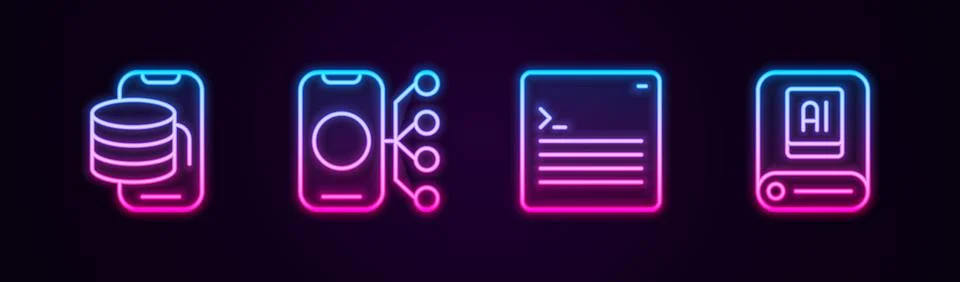 Set line Cloud technology data transfer, Neural network, Web developer Illustrazione stock