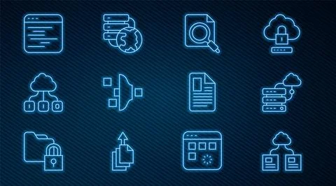 Set line Cloud technology data transfer, Network cloud connection, Search Illustration