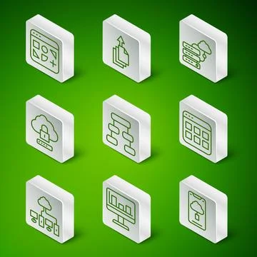 Set line Cloud technology data transfer, Monitor with graph chart, Different Illustrazione stock