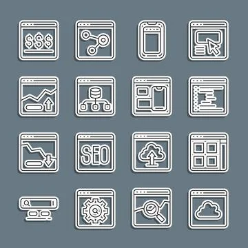 Set line Cloud technology data transfer, Browser files, window, Mobile phone Illustrazione stock