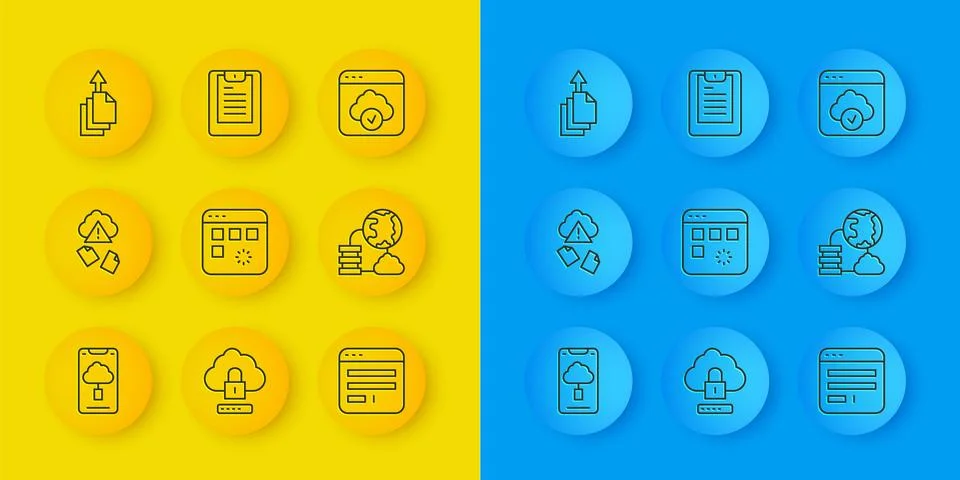 Set line Cloud technology data transfer, hacking, Loading window, Browser 스톡 일러스트