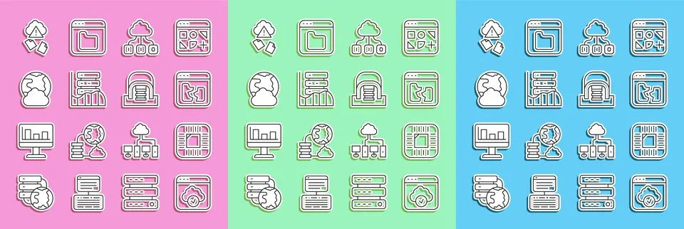 Set line Cloud technology data transfer, Processor with CPU, Broken file, Server Stock Illustration