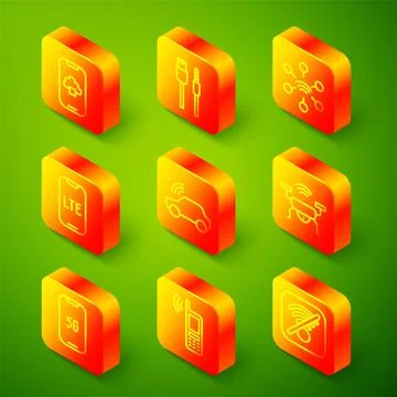 Set line Cloud technology data, USB cable cord, Network, LTE network, Smart car Stock Illustration