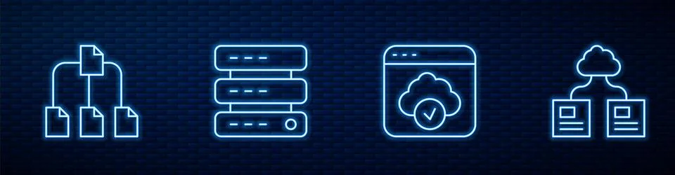 Set line Cloud technology data transfer, Folder tree, Server, Data, Web Hosting Stock Illustration