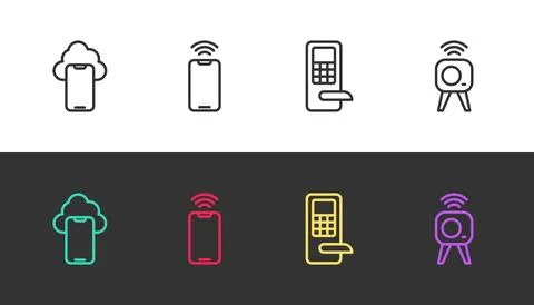 Set line Cloud technology data, Mobile with wi-fi wireless, Digital door lock Stock Illustration