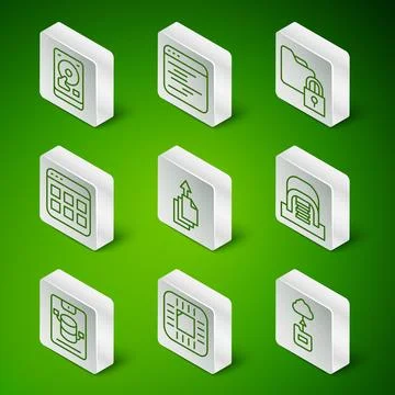 Set line Cloud technology data transfer, Processor with CPU, Hard disk drive HDD 스톡 일러스트