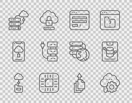 Set line Cloud technology data transfer, Browser window, Processor with CPU Illustrazione stock