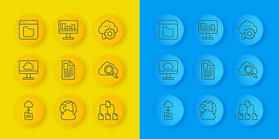 Set line Cloud technology data transfer, File document, Folder tree, Search.. Stock Illustration