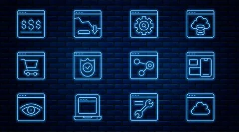 Set line Cloud technology data transfer, Web developer programming code, Br.. Stock Illustration