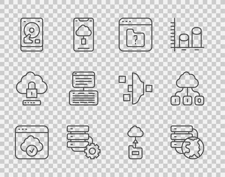 Set line Cloud technology data transfer, Network cloud connection, File mis.. Illustrazione stock