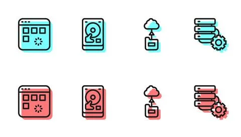 Set line Cloud technology data transfer, Loading window, Hard disk drive HD.. Stock Illustration