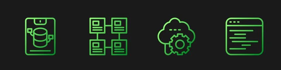 Set line Cloud technology data transfer, Server, Data, Web Hosting, Hierarchy Illustrazione stock