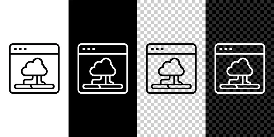 Set line Cloud technology data transfer and storage icon isolated on black .. Illustrazione stock