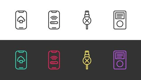 Set line Cloud technology data, Mobile with wi-fi wireless, No usb cable co.. Stock Illustration