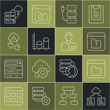 Set line Cloud technology data transfer Browser files File missing Server Dat Stock Illustration