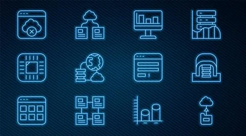 Set line Cloud technology data transfer, Hangar with servers, Monitor graph.. Stock Illustration