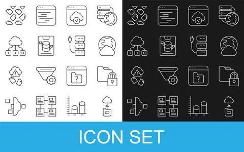 Set line Cloud technology data transfer, Folder and lock, Social network, S.. Stock Illustration