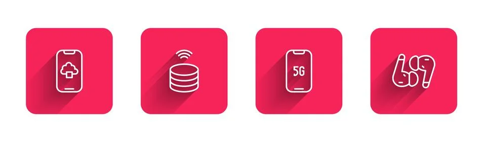 Set line Cloud technology data, Smart server, Mobile with 5G and Air headph.. Illustrazione stock