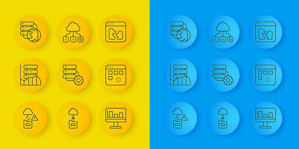 Set line Cloud technology data transfer, Server, Data, Web Hosting, and gea.. Illustrazione stock