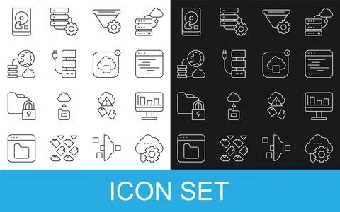 Set line Cloud technology data transfer, Monitor with graph chart, Software.. Illustrazione stock