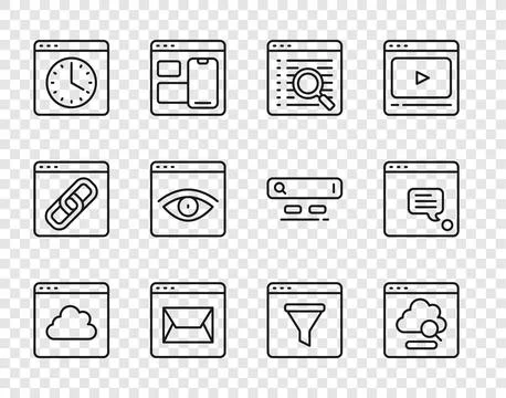 Set line Cloud technology data transfer, Search engine, Website and mail, B.. Stock Illustration