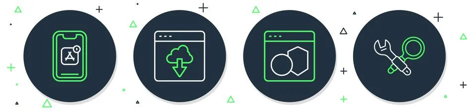 Set line Cloud technology data transfer, Software, Mobile Apps and Debuggin.. Stock Illustration