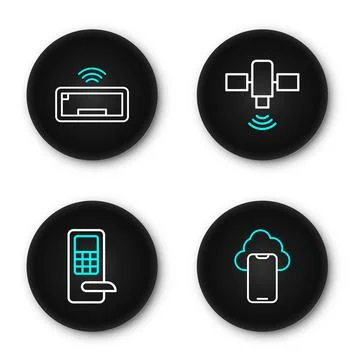 Set line Cloud technology data, Digital door lock, Satellite and Computer k.. Illustrazione stock