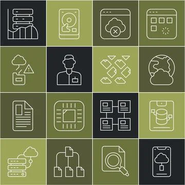 Set line Cloud technology data transfer, Server, Data, Web Hosting, Social .. Stock Illustration