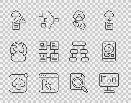 Set line Cloud technology data transfer, Monitor with graph chart, hacking,.. Illustrazione stock