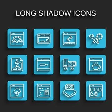 Set line Cloud technology data transfer, Software, Browser with shield, Pro.. Stock Illustration