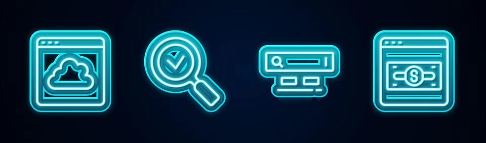 Set line Cloud technology data transfer, Magnifying glass with check mark, .. Stock Illustration