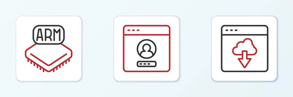 Set line Cloud technology data transfer, Processor and Create account scree.. Illustrazione stock